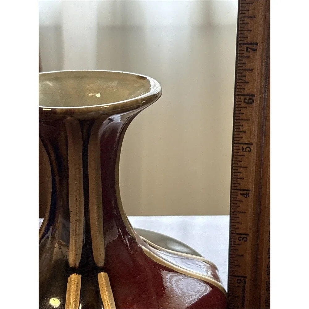 VINTAGE Red Brown Gold Drip Glaze Mid Century Vase Oxblood Flambe Collectibles